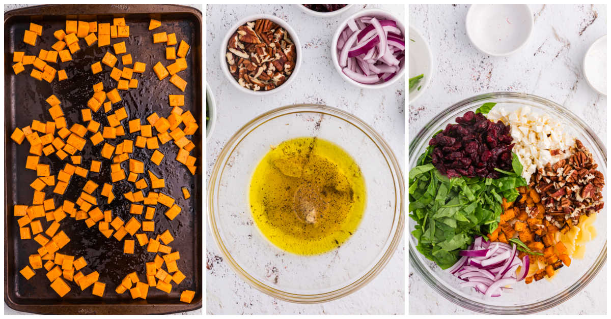 Step photos showing butternut squash on a baking sheet, dressing in a bowl, and salad ingredients ready to toss.