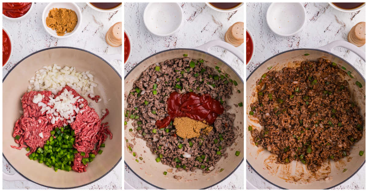 Three steps in a pot: raw beef with onion and green pepper, ketchup and brown sugar added, then everything mixed.