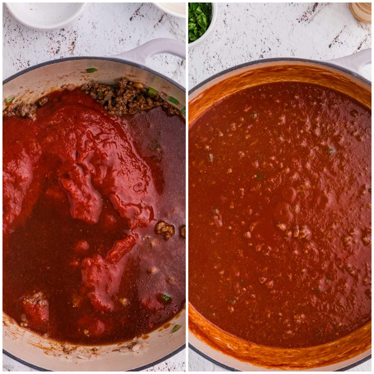 Pot of beef mixture with broth and crushed tomatoes added, next to the finished simmered soup.